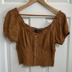 Brown Ribbed Puff Sleeve Crop Blouse
